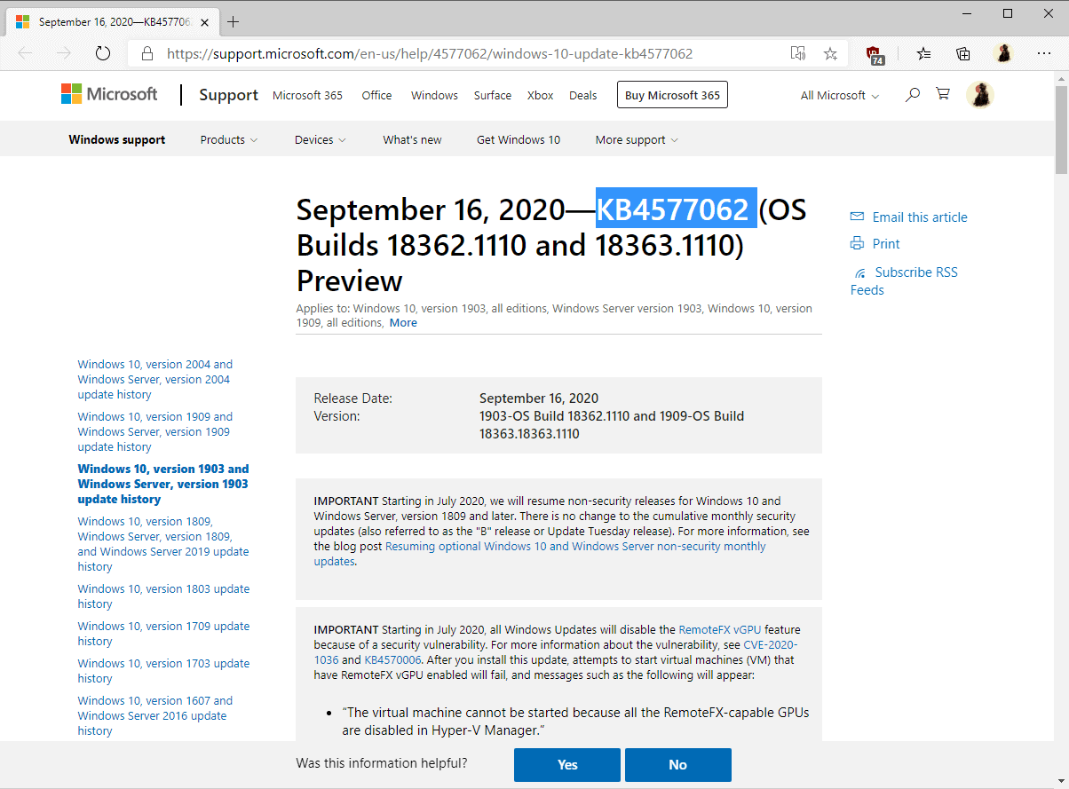 Windows 10 versione 1903 1909 KB4577062