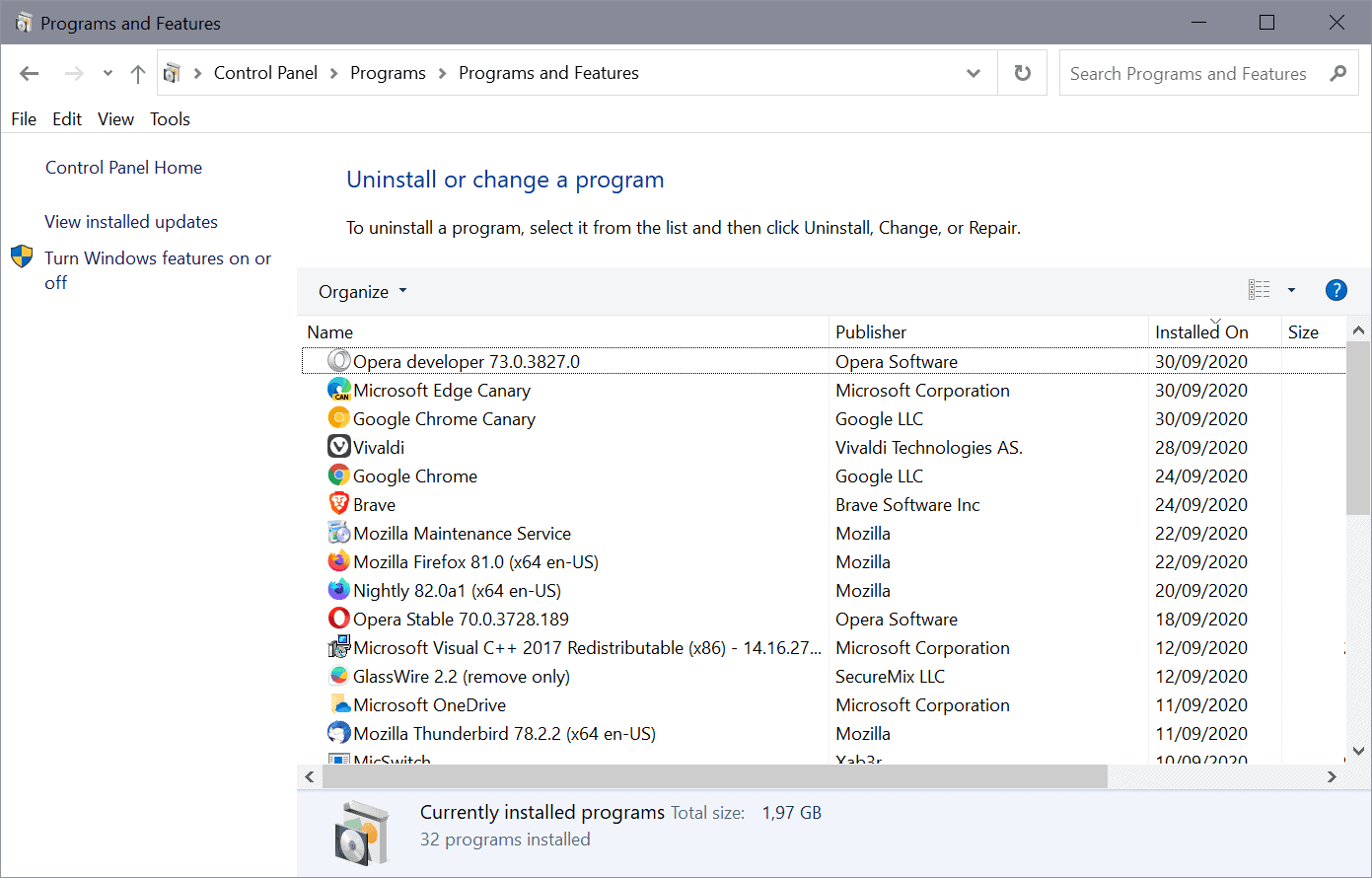 windows programs features control panel