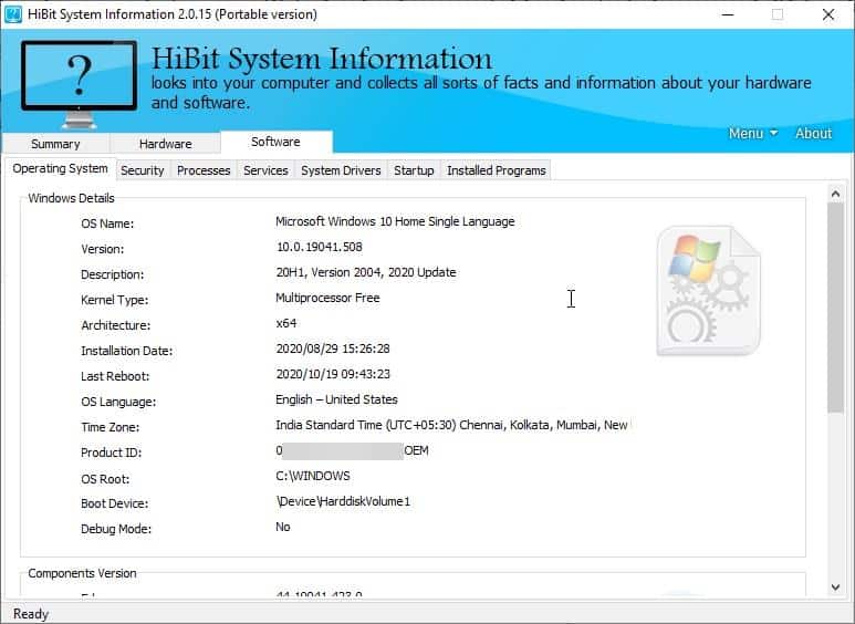 HiBit System Information - software tab