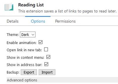 Reading List Extension Options