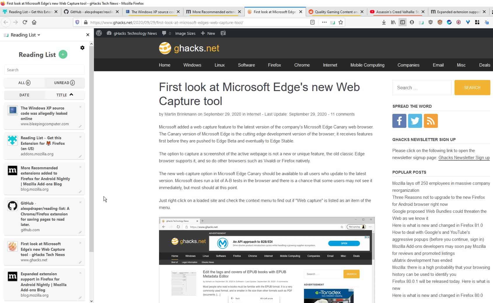 Save your tabs for later with the Reading List extension for Firefox