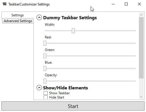 Shrink the Windows Taskbar, modify the RGB levels, hide the Start and Show desktop buttons with TaskbarCustomizer