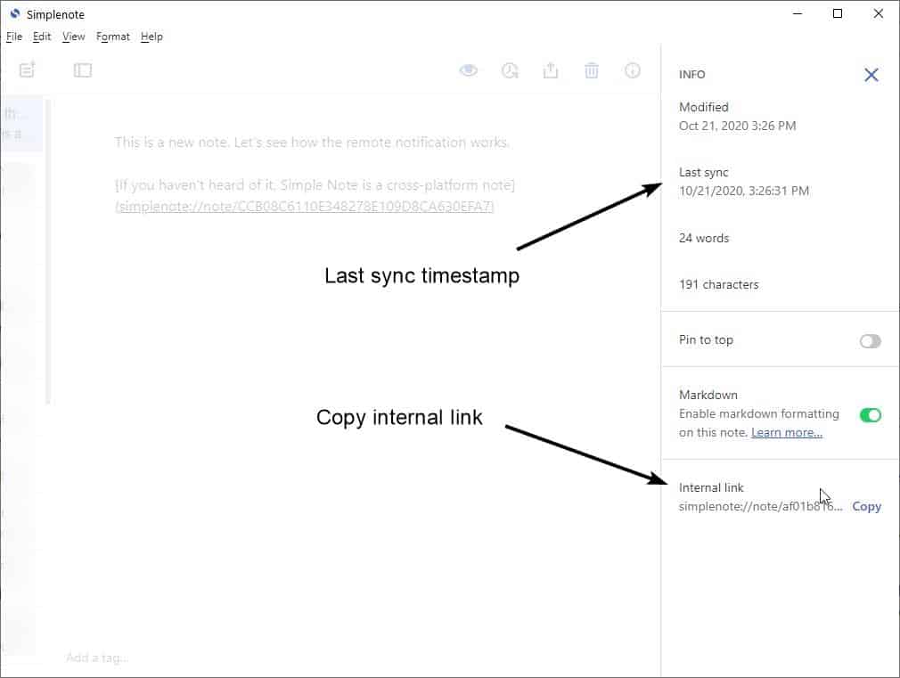 Simplenote 2.0 update copy internal link