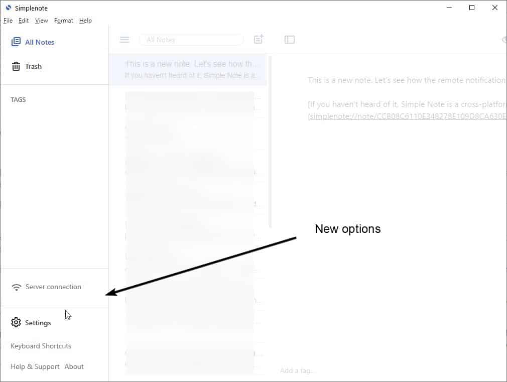 Simplenote 2.0 update new options in the sidebar