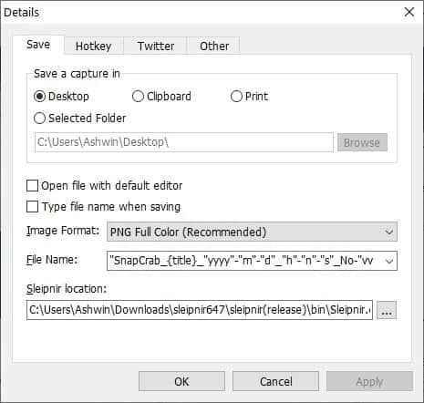 SnapCrab settings - save
