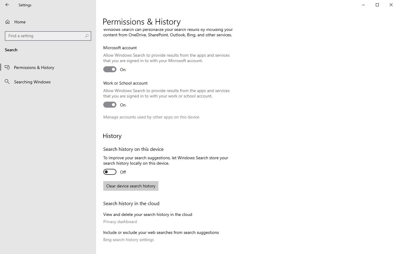 disable windows search history