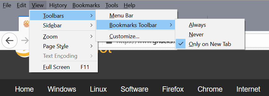 Firefox: display the bookmarks toolbar only on the New Tab Page