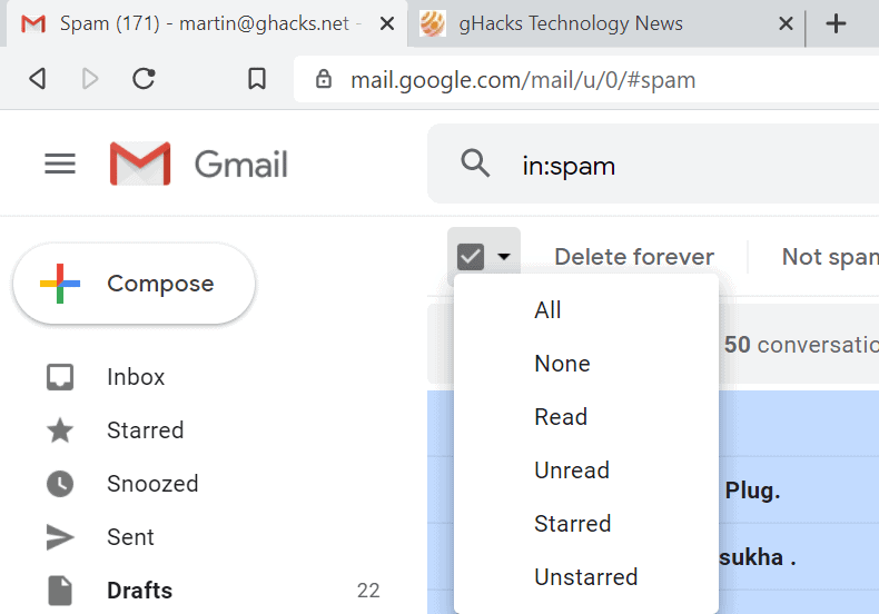 gmail select all emails