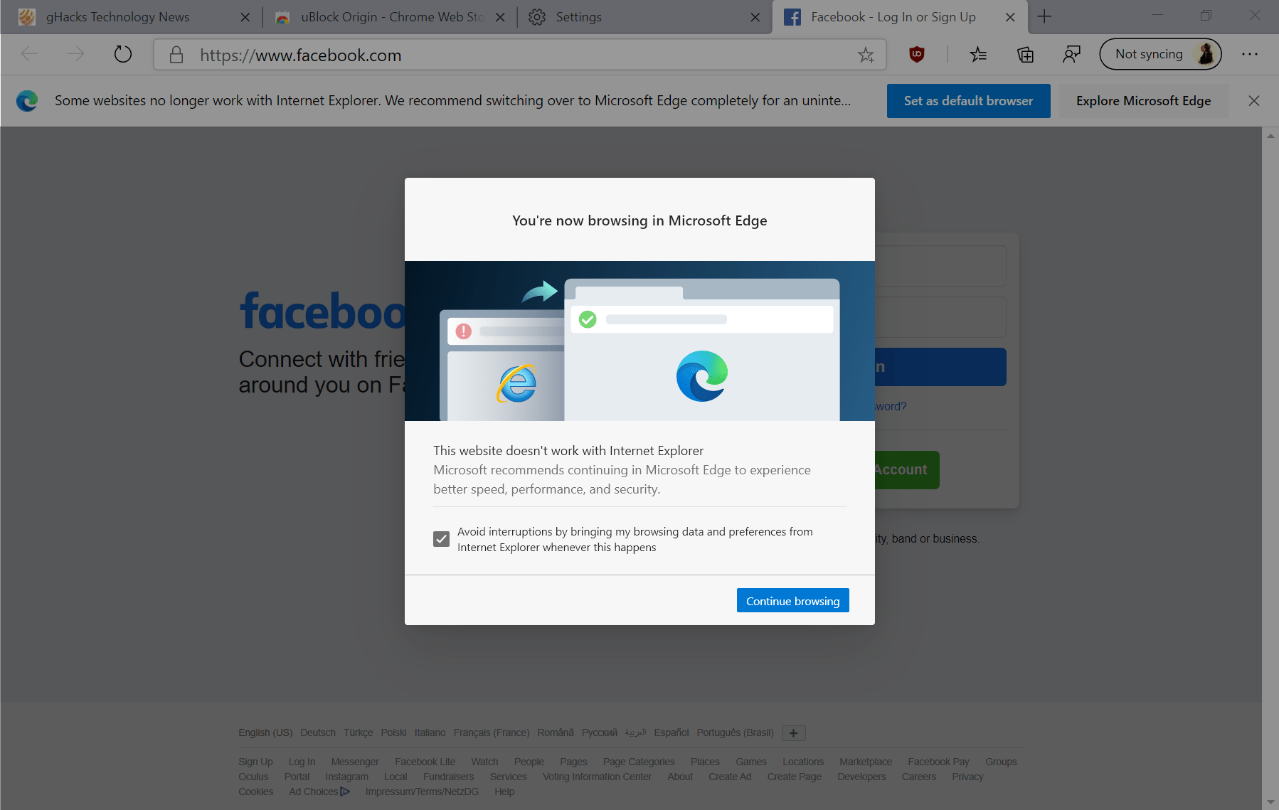 Internet Explorer vers la redirection Edge