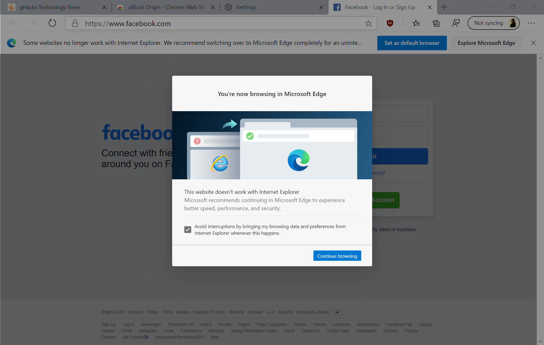 internet explorer to edge redirect