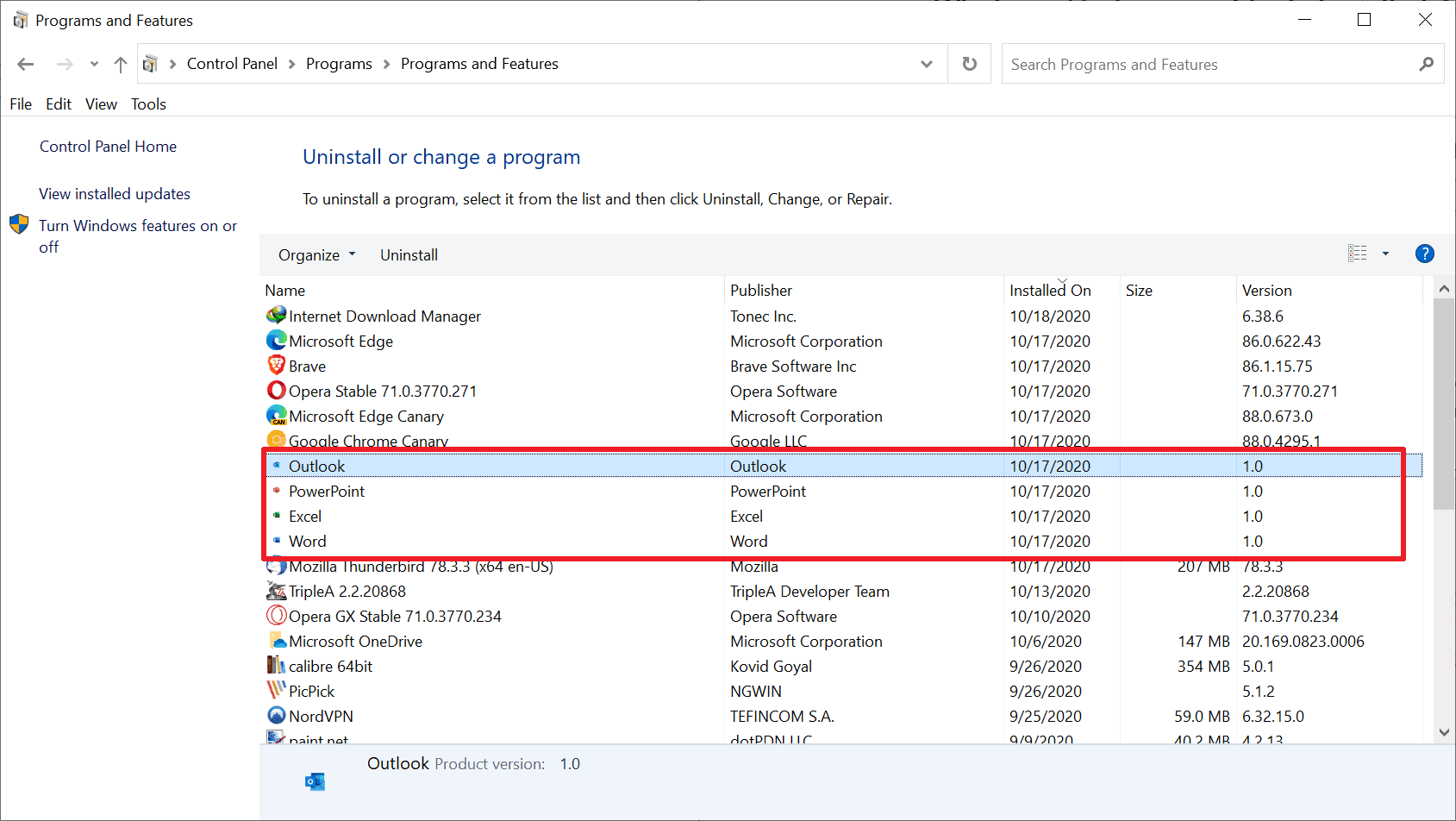 office links installed windows 10