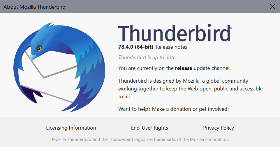 Thunderbird 78.4.0 email client with fixes and extensions capabilities