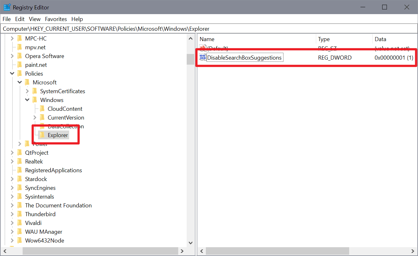 windows registry disable internet search windows 10