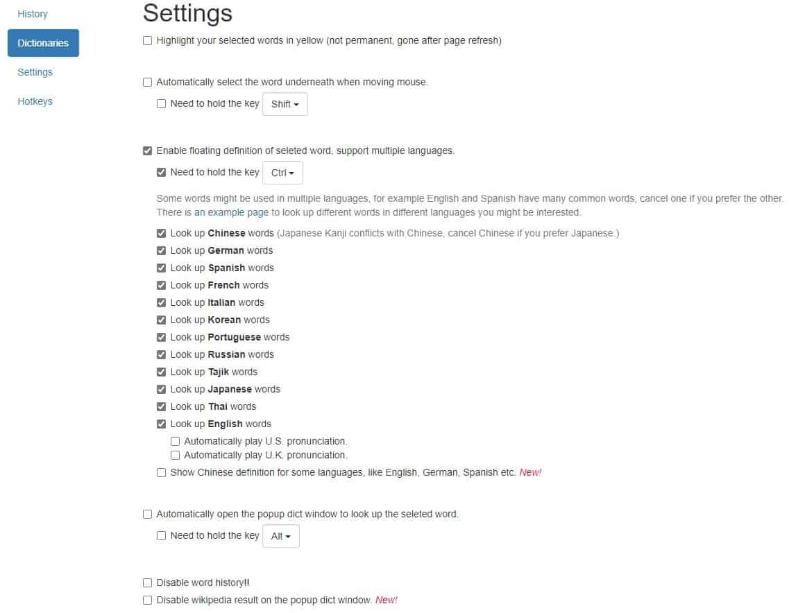 Dictionaries extension settings