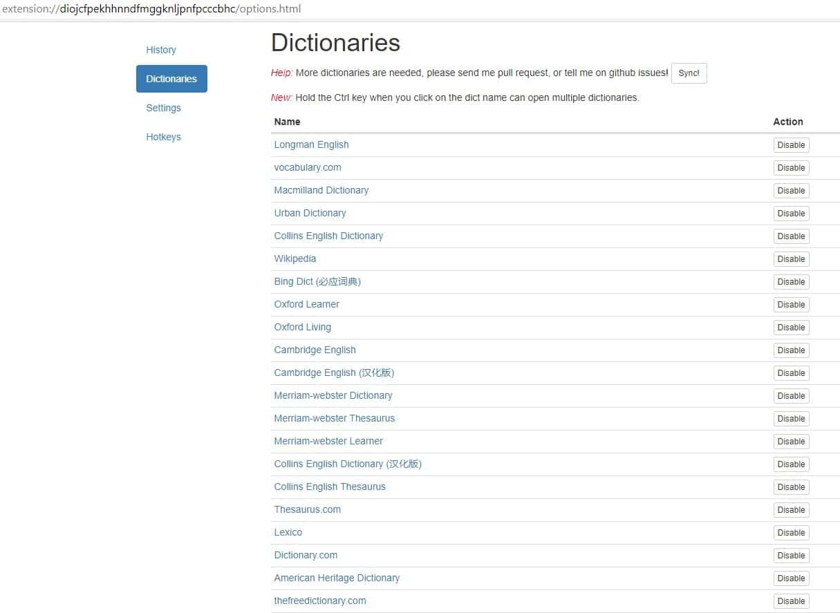 Dictionaries settings