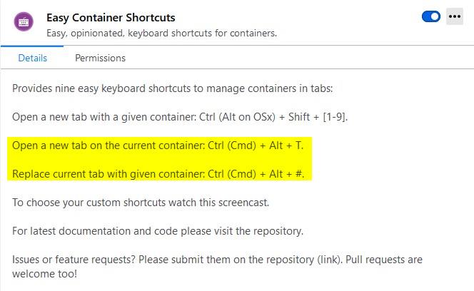 Easy Container shortcuts is an extension that enables additional hotkeys for Firefox containers