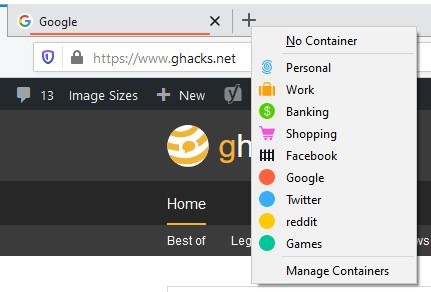Firefox new tab button containers