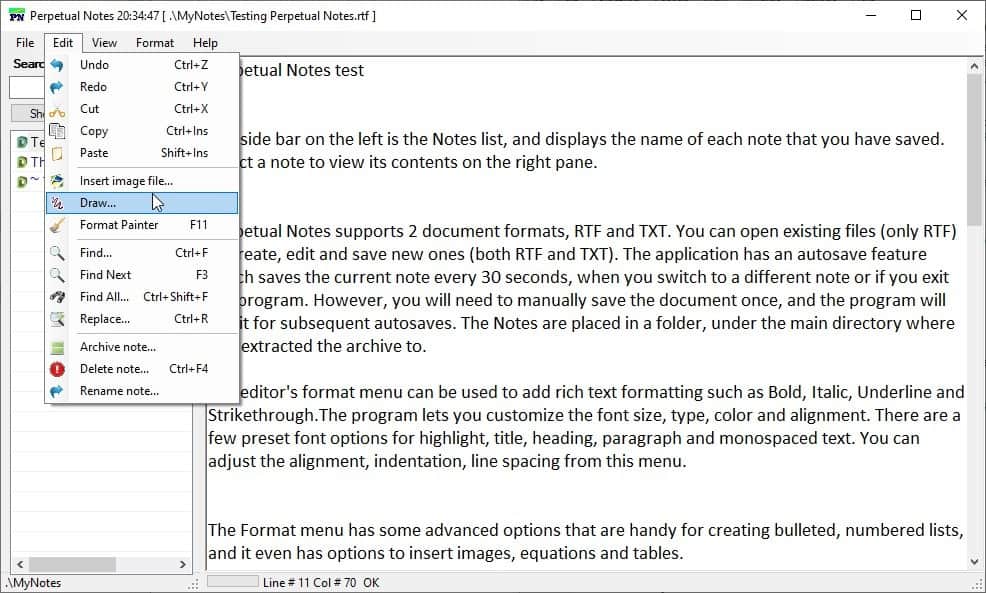 Perpetual Notes edit menu
