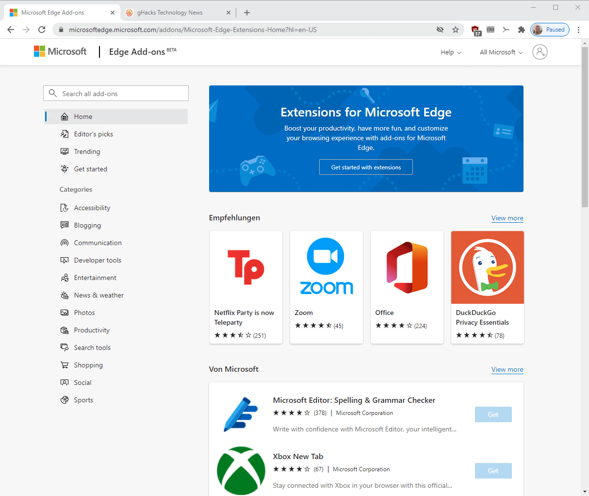 microsoft edge extensions