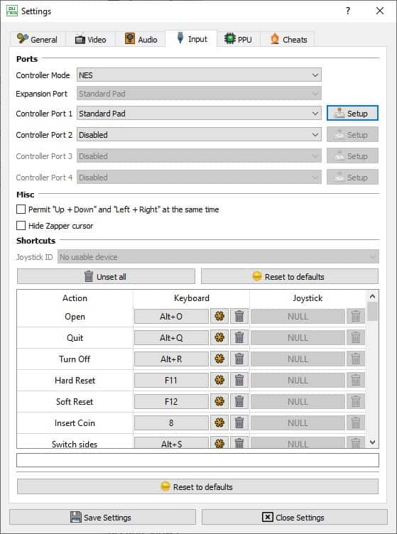 puNES emulator input settings