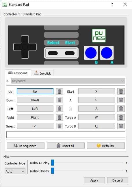 puNES emulator keyboard controls