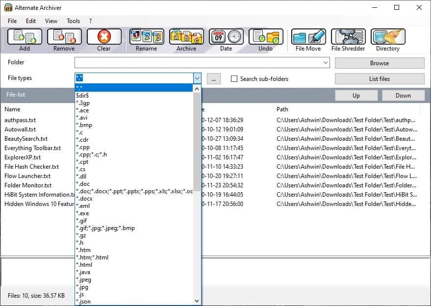Alternate Archiver - file types