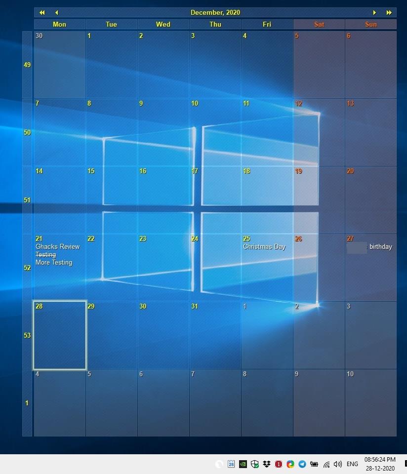 Il calendario interattivo inserisce un calendario trasparente sullo sfondo del desktop