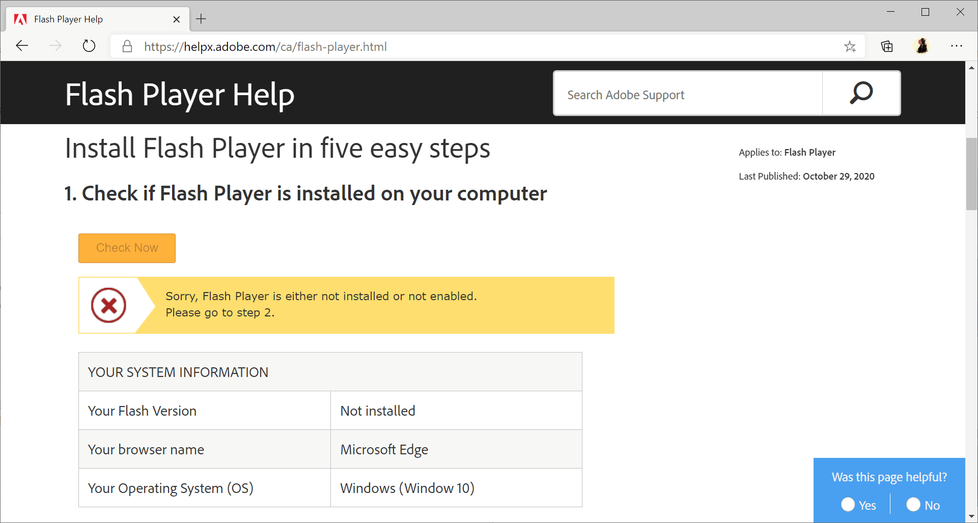 adobe flash player is no longer supported