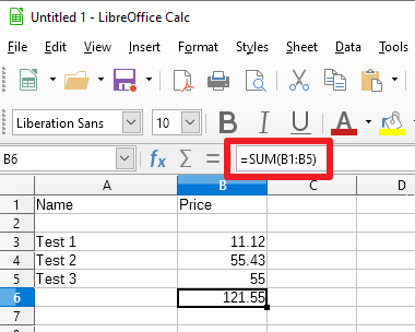 libreoffice calc manual sum function