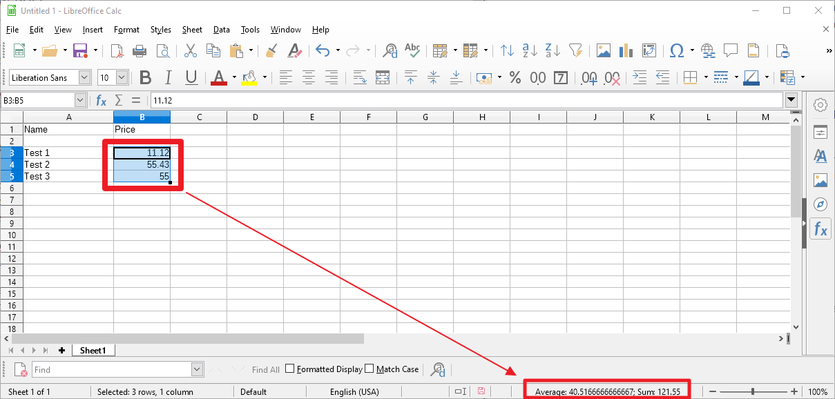 libreoffice calc sum after selection