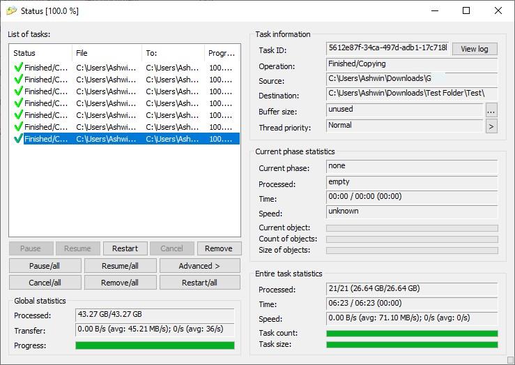 Stato di fine del test di copia del file gestore di copia