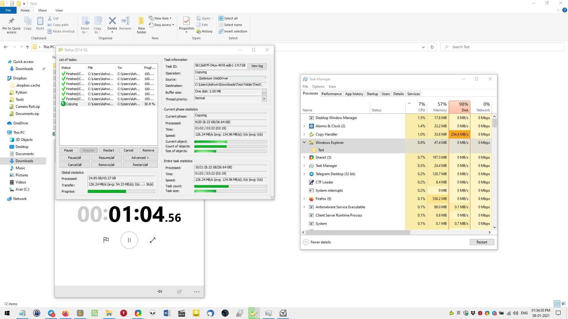 Inizio del test di copia del file gestore di copia
