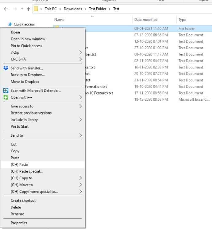 Copia menu dell'estensione della shell del gestore