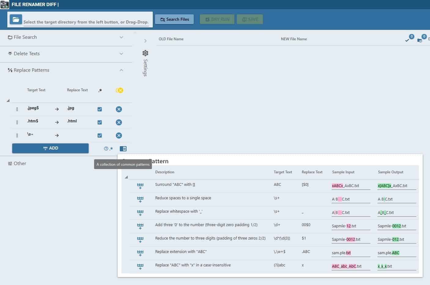 File Renamer Diff - replace patterns examples