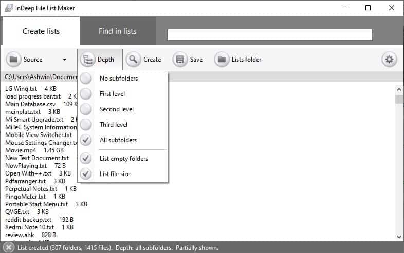 InDeep File List Maker - depth settings