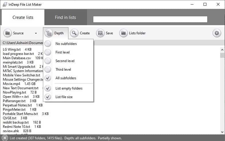 InDeep-File-List-Maker-depth-settings.jp