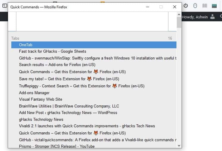Quick Commands is a Firefox extension that works similar to Vivaldi's shortcuts
