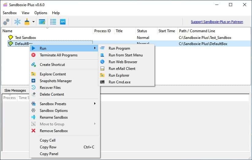 Sandboxie Plus sandbox options