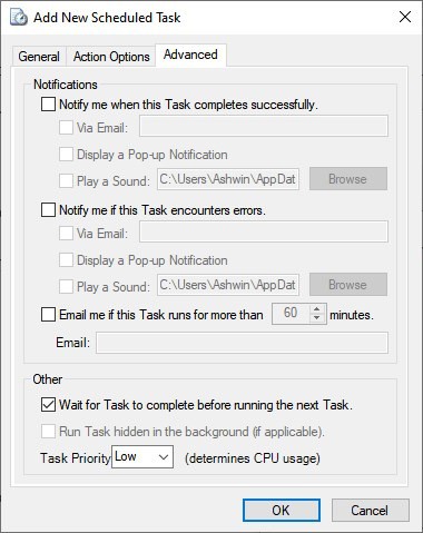 TaskRunner advanced tab