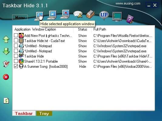 Taskbar Hide is a freeware tool that allows you to hide program windows, the Start button, taskbar and tray