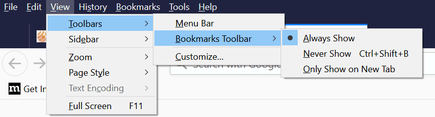 bookmarks toolbar on new tab page