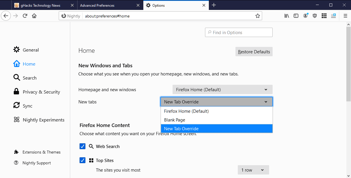 Firefox 85 gets option to control Home and New Tab page extensions