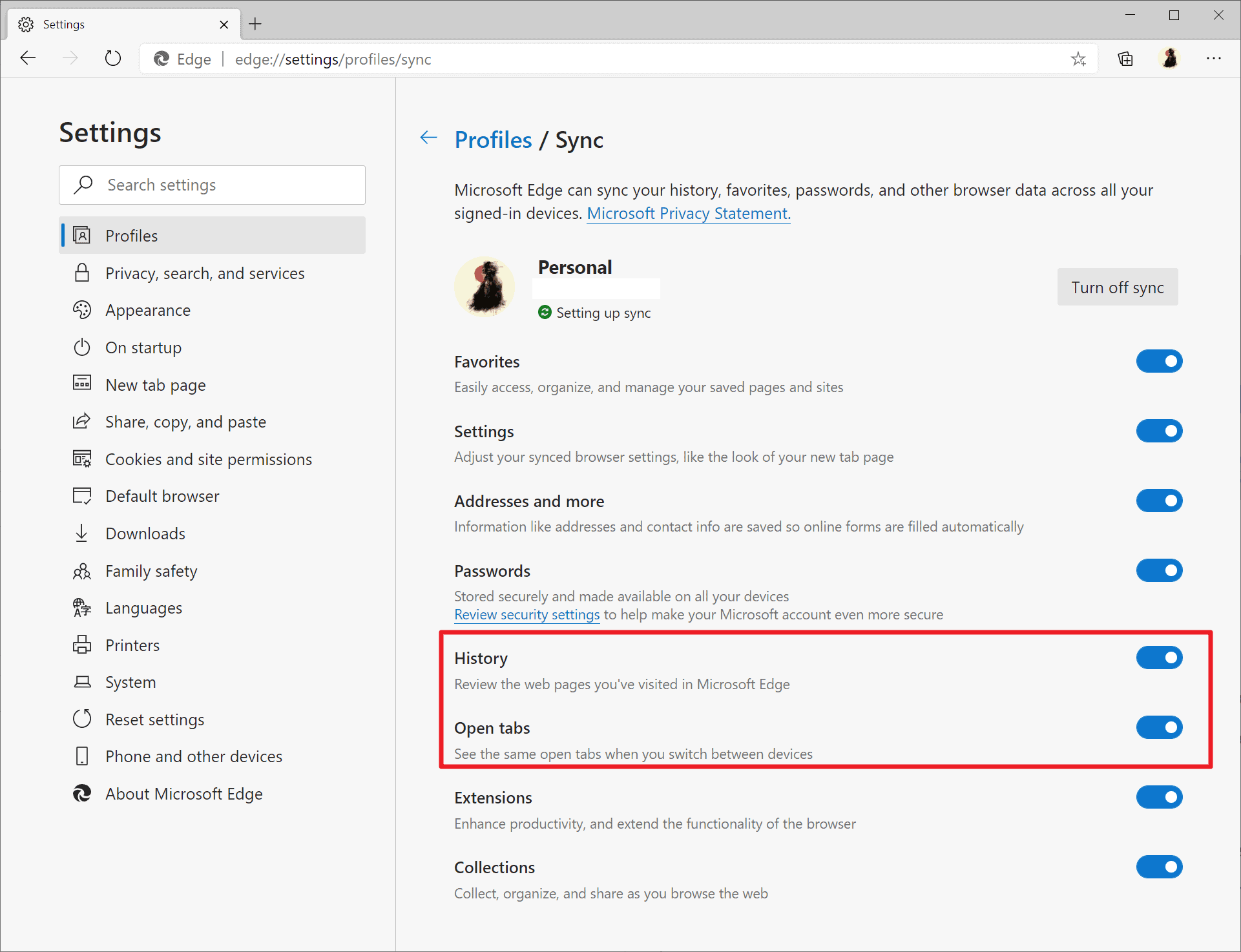 microsoft edge history open tabs sync