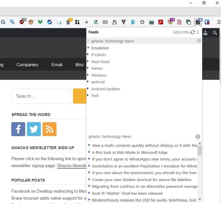 Interfaccia popup dell'estensione per Firefox di Brook