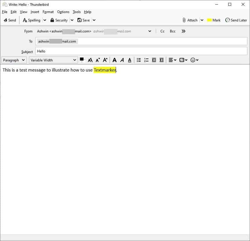 Highlight text in your outgoing mails with the Textmarker extension for Thunderbird