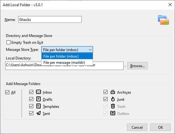 LocalFolders Thunderbird extension - create a new folder