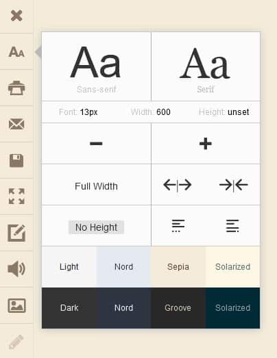 Estensione Reader View - impostazioni del testo