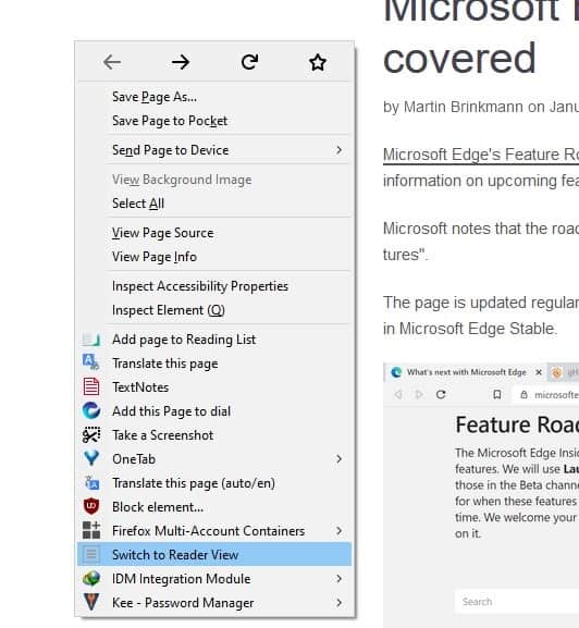 Estensione per Firefox di Reader View - menu contestuale