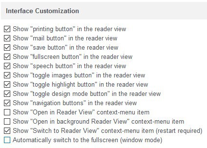 Reader View firefox extension options