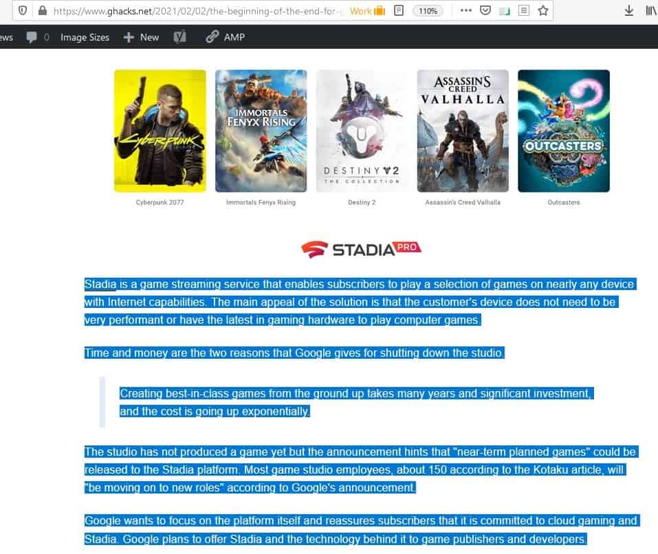 Estensione Reader View per Firefox: contenuto selezionato prima della modalità di lettura